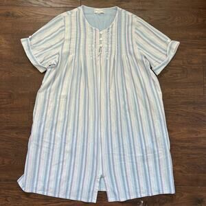 Miss Elaine Pastel Seersucker Smock Embroidered Striped Nightgown Womens XL